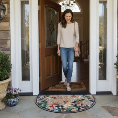 femme souriante regarde tapis entrée mosaïque fleurs colibris