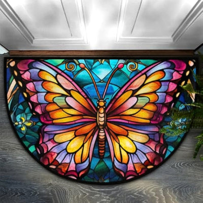 tapis entrée motif papillon coloré jaune fond bleu