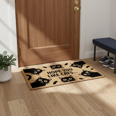 tapis entrée chats noirs porte bois banc chaussures