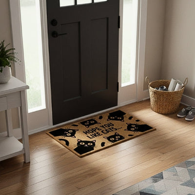 tapis entrée six chats noirs porte noire panier chaussures