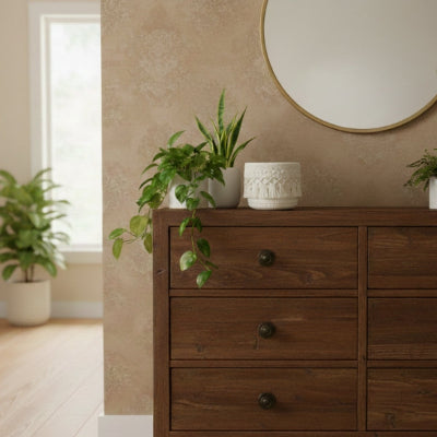 vide poche macramé coloris blanc commode bois plantes vertes