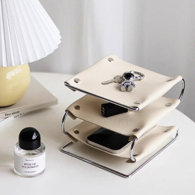 vide poche en cuir trois niveaux coloris blanc