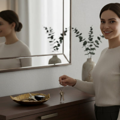 femme souriante range clés dans vide poche feuille doré